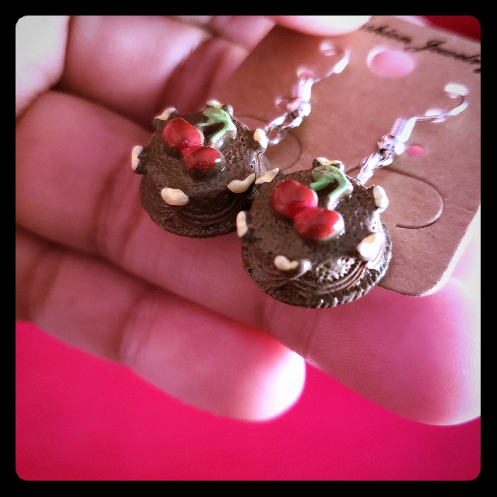 Chocolate cake with cherries on top earrings